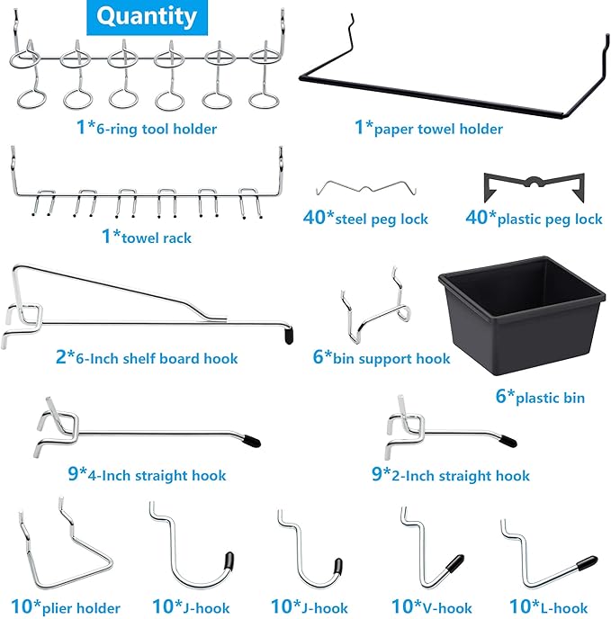 Pegboard Hooks Assortment, for Organizing Various Tools, with Pegboard Bins, 165 PCS, 80 of Which are Locks