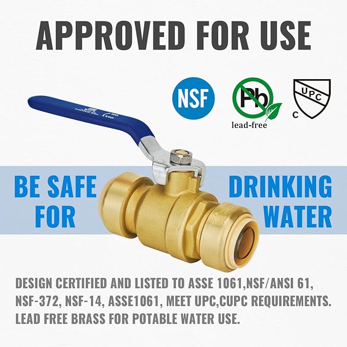 Shut Off Ball Valve 1 Inch, SUNGATOR 1 Inch Ball Valve, Push-to-Connect Water Shut off Fittings with Blule Handle, No Lead Brass Push Plumbing Fittings for PEX Pipe, Copper, CPVC, Pack of 1