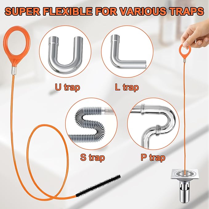 Drain Snake Kit for Hair Removal and Clog Cleaning, Snake Drain Hair Removal Tool for Shower, Sink and Tub Drains (6 Pcs)