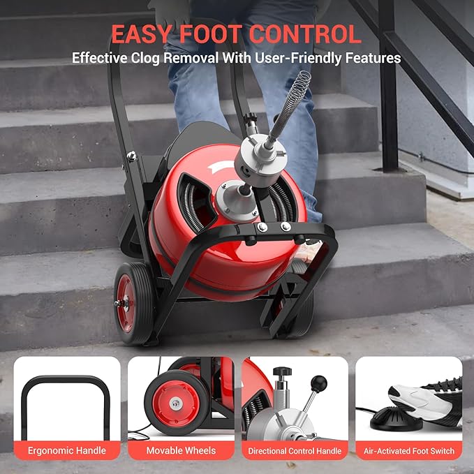 Drain Cleaning Machine 100Ft 3/4 Inch Cable, 750W Auto Feed Portable Electric Sewer Snake, Electric Drain Auger with 6 Cutter Air-Activated Foot Switch for 4" to 8" Pipes