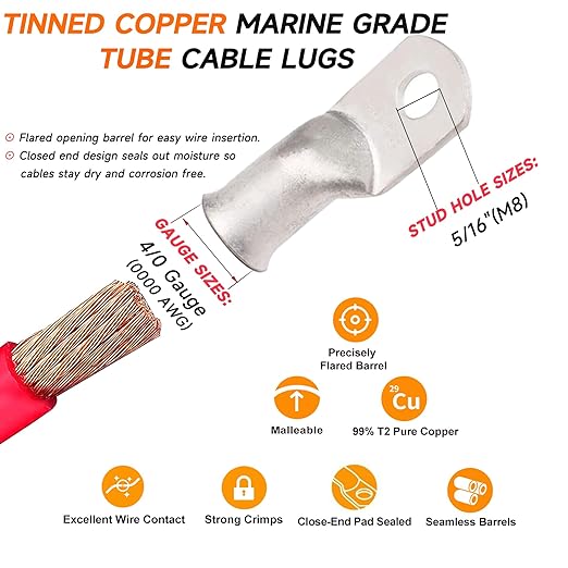 0000 Gauge Tinned Copper Cable Lugs 8 PCS 4/0 AWG-5/16(M8) Ring Terminal Heavy Duty Wire Lugs Battery Lugs, 8 PCS 4/0 Guage terminals Battery Cable Ends Connectors with 8 PCS 3:1 Heat Shrink Tube