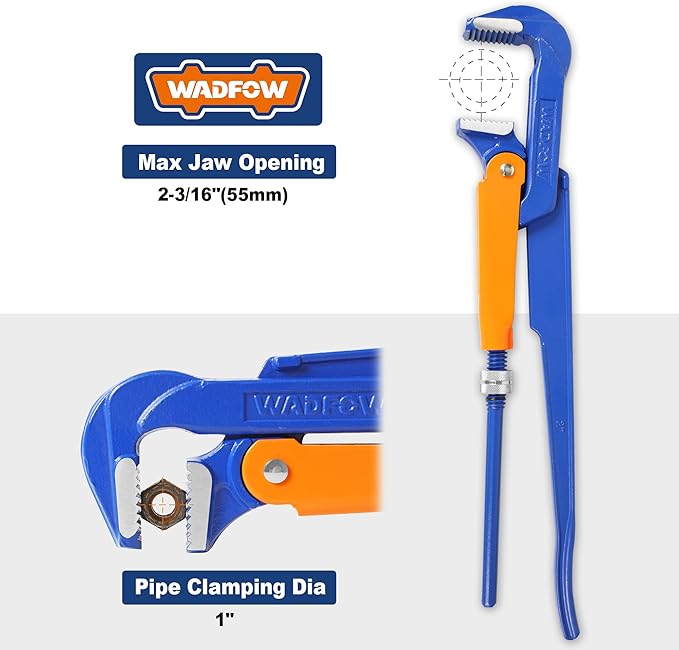 Swedish Pattern Type A pipe Wrench: Size 1" with 40 mm Max Jaw Opening, 12 inch x 90 Degree Angle Corner Pipework, Red Lacquered Finish