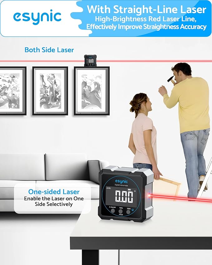 eSynic Portable Digital Angle Finder with Laser Waterpoof 4 Sides Magnetic Digital Inclinometer Level Box Backlight LCD Display Rechargeable Digital Angle Gauge (Laser Level Class II,Output: 0.51mW)