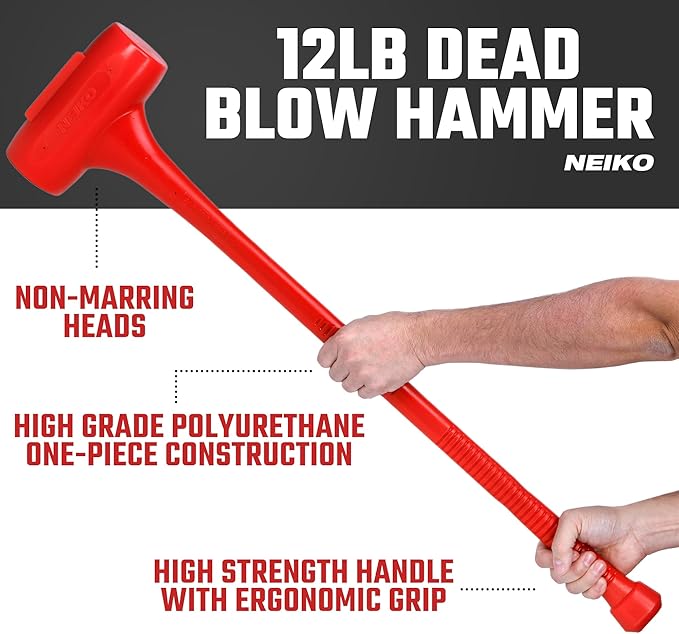 NEIKO 02882B 12 Lb Dead Blow Hammer, 36-1/2” Long, Red, Unibody Molded, Ergonomic Textured Handle, Spark and Rebound Resistant, One Piece Steel Core, 3 Inch Head