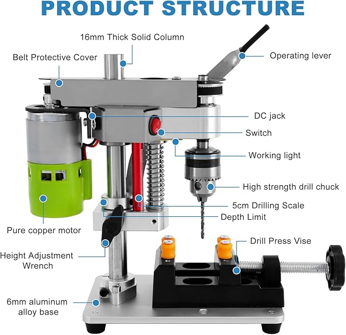 Mini Benchtop Drill Press with Work Light | Rear-Mounted 795 Motor, Small Bench Drilling Machine for Woodworking, Jewelry & Crafts, B10 Chuck, Motor & Belt Guard