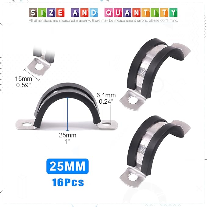 Glarks 16Pcs 25MM 2 Hole U-Tube Strap Clamp Set 304 Stainless Steel Rubber Cushion Rigid Pipe Strap U Bracket Tube Strap Assortment Kit For Pipe Tube Fixing (25mm)