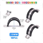 Glarks 16Pcs 25MM 2 Hole U-Tube Strap Clamp Set 304 Stainless Steel Rubber Cushion Rigid Pipe Strap U Bracket Tube Strap Assortment Kit For Pipe Tube Fixing (25mm)