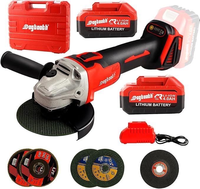 DOGTOOTH Max 21V 4-1/2'' Cordless Angle Grinder Set with 2 * 4.0 Ah Batteries, Compatible with Makita 18V Battery, Brushless Motor, Max10000 RPM, Charger, 4 Cutting&Grinding Discs and Carry Case