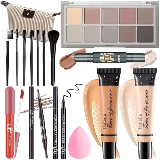 Makeup Kit For Girls Teens Women, Makeup Set, Makeup Present,Includes Eyeshadow Palette, Foundation, Eyebrow Pencil, Eyeliner, Lip Gloss, Counter Stick, Makeup Brush Set Bag & Sponge-VeraVaultWomen