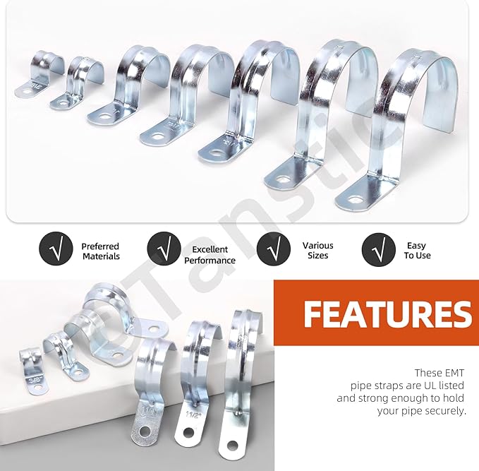 Tanstic 30Pcs 1-1/4 Inch EMT Pipe Strap Zinc Plated Steel One Hole Strap Conduit Clamp Rigid Pipe Strap for Pipe Fixing