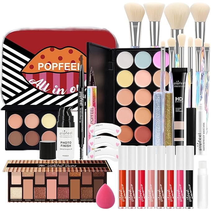 Makeup Kit for Women Full Kit, All in One Makeup Sets for Teens Girls Beginner Gift, Includes Eyeshadow Palette, Liquid Foundation, Concealer, Lip Gloss, Mascara, Powder Puff-VeraVaultWomen