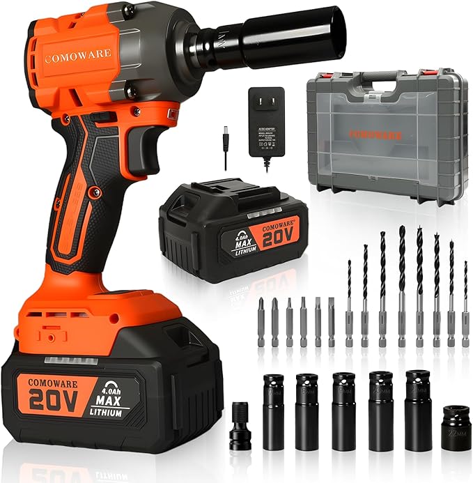 COMOWARE 20V Brushless Impact Wrench, 650N.m (480 ft-lbs) Power Cordless Impact Gun with 4.0Ah Battery & Fast Charger, 1/2" Compact Design, 3-Speed Control (0-3000 RPM), LED Light, 6Pcs Sockets