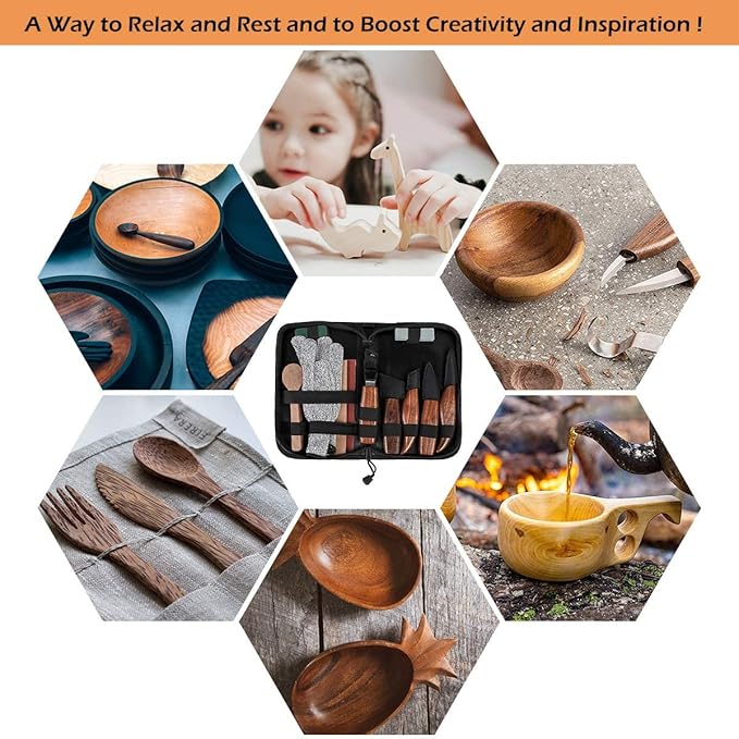 Wood Carving Tools Set,Detail Wood Knife,Hook Carving Knife Kit for Beginners,Trimming Knife for Spoon Bowl Cup Pumpkin Woodwork, Chip Carving Knife Kit,Square Handle Design（6pcs）