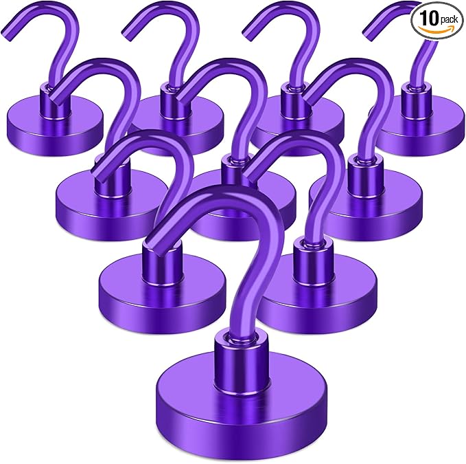 MIKEDE Magnetic Hooks, 40Lbs+ Heavy Duty Magnet Hooks for Cruise Cabins, Super Neodymium Hanging Hooks Strong Magnets with Hook for Fridge, Magnetic Hanger for Grill, Toolbox, Storage(Purple, 10 Pack)