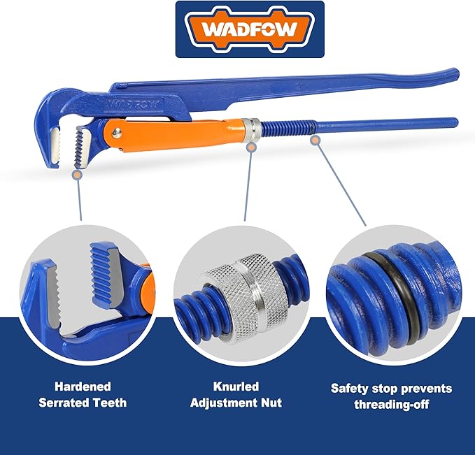 Swedish Pattern Type A pipe Wrench: Size 2" with 67 mm Max Jaw Opening, 15 inch x 90 Degree Angle Corner Pipework, Red Lacquered Finish