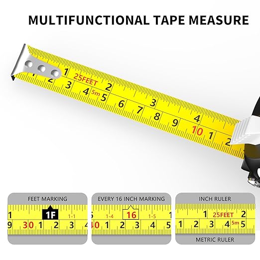 Tape Measure 25FT Self-Locking, Steel Made Retractable Measurement, Imperial/Metric Scale, MID Precision, Easy to Read, Used for Architects, Carpenters, Handicrafts. (25FT)