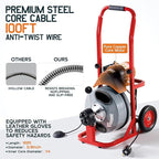 Albott 100 FT x 3/8 inch Electric Drain Cleaner Machine with Auto-Feed & 10 Cutters, Sewer Snake Auger for 1–4 Inch Pipes, Foot Switch & Wheels, Ideal for Home & Commercial Use, Gray/Red