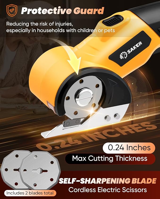 Saker Cordless Electric Scissors,Cardboard Box Cutter,4V Rechargeable Rotary Cutter with Safety Lock & LED Light,Cardboard Cutter for Cutting of Fabric, Leather, Carpet, Plastic, and More(2 Blades)