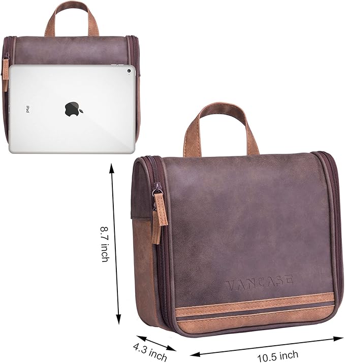 Hanging Toiletry Bag for Men VANCASE Vintage Leather Shaving Dopp Kit Medium Waterproof Travel Bathroom Bags Portable Shower Organizer