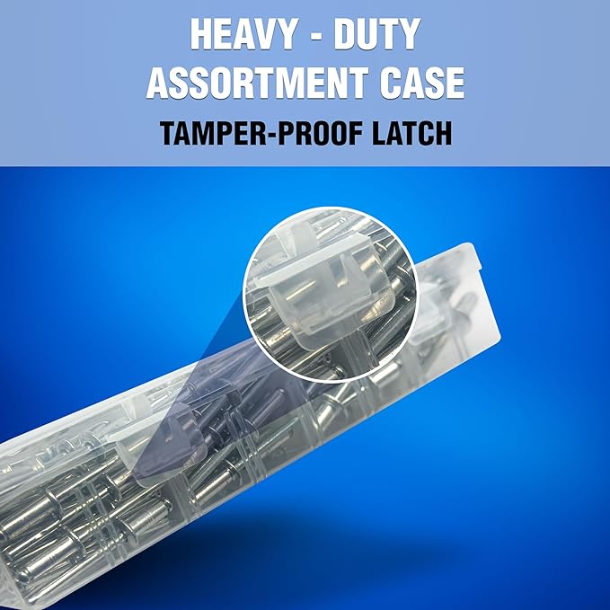 New Age America® 700pcs Blind Pop Rivets & Backup Washers | 3/32" to 1/4" | Silver | 14 Sizes | SAE Size Aluminum Rivets & 304 Stainless Steel Backup Washer | Rivet Kit w Steel Mandrel | Labelled Case