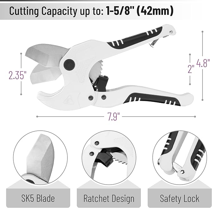 Bates- PVC Pipe Cutter, Cuts up to 1-5/8", Ivory Ratcheting PVC Pipe Cutter Tool, Pipe Cutters PVC Pipe Shears, Plastic Pipe Cutter, PEX Pipe Cutter, PVC Cutter Tool, PVC Ratchet Cutter