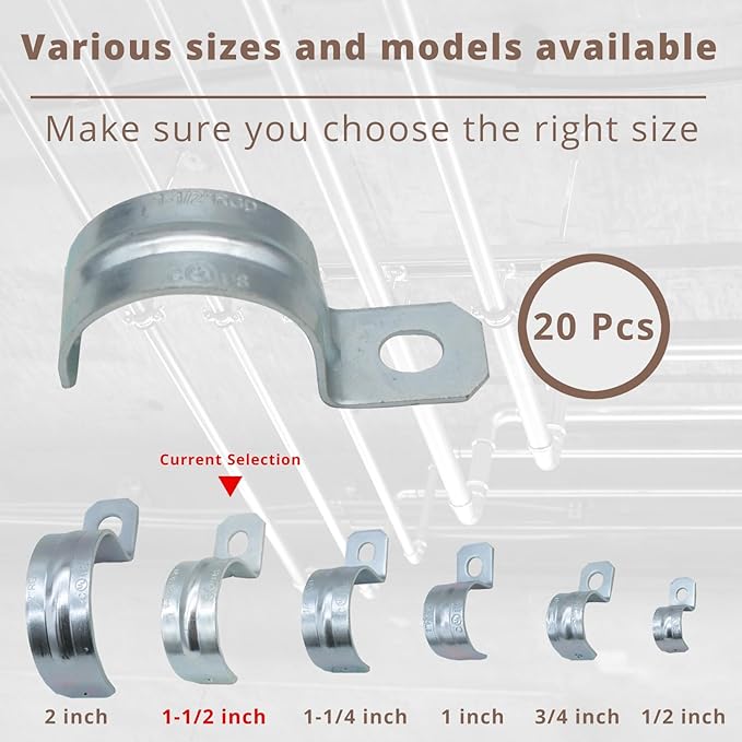 1-1/2 Inch 20PCS Zinc Plated Steel Pipe Clamp, One Hole Steel Rigid Pipe, Holes Cable U Bracket Pipe Clamp, Electrical Conduit Straps