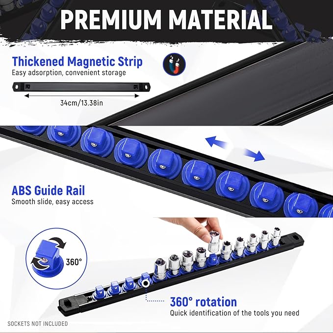 Magnetic Socket Organizer, 1-Piece Heavty Duty ABS Socket Holder, Socket Rail for Tool Box, Premium Quality 360° Swivel Socket Rack with 12 Clips for 1/2-Inch(Blue)