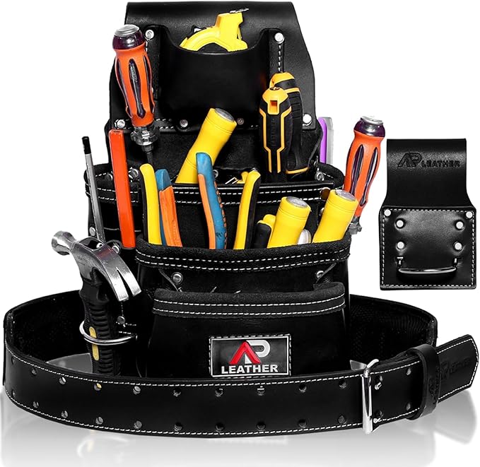 Pro-015 Leather Tool Pouch for Construction,Heavy Duty Hammer Holder,Buckle,3 Pocket Large with Belt, 12 Small Pocket, Tool Organizer