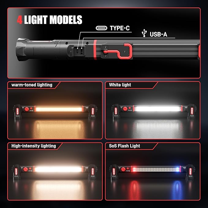 Work Light for Mechanics, 3300LM LED Work Light, 5200mAh Rechargeable Magnetic Work light, Underhood Work Light with Hooks, Cordless Portable Work Light for Car Repairing Garage Workshop and Emergency