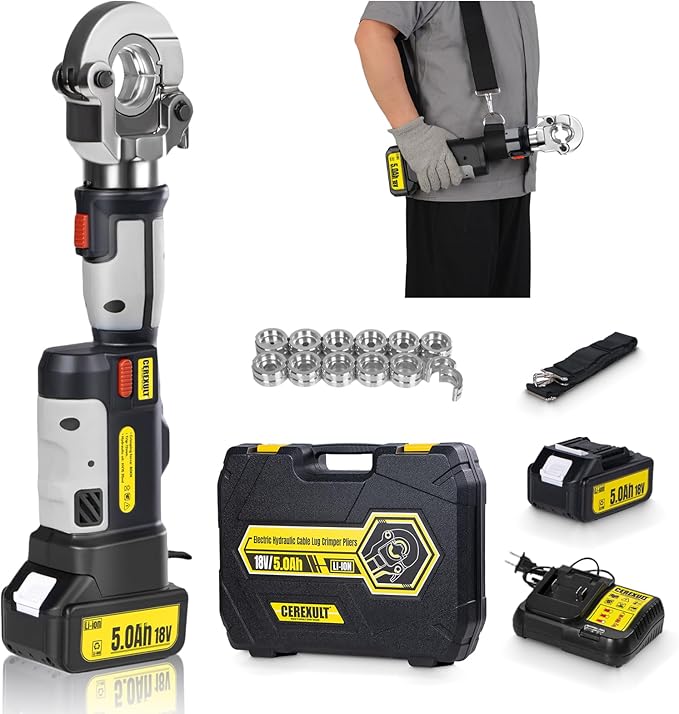 Electric Hydraulic Cable Lug Crimper Pliers,Rechargeable Crimping Tool,Straight-handled electric hydraulic pliers,Electrical Terminal Cable Wire Fiber Crimper Kit with 12 Dies, 6 AWG to 600 MCM