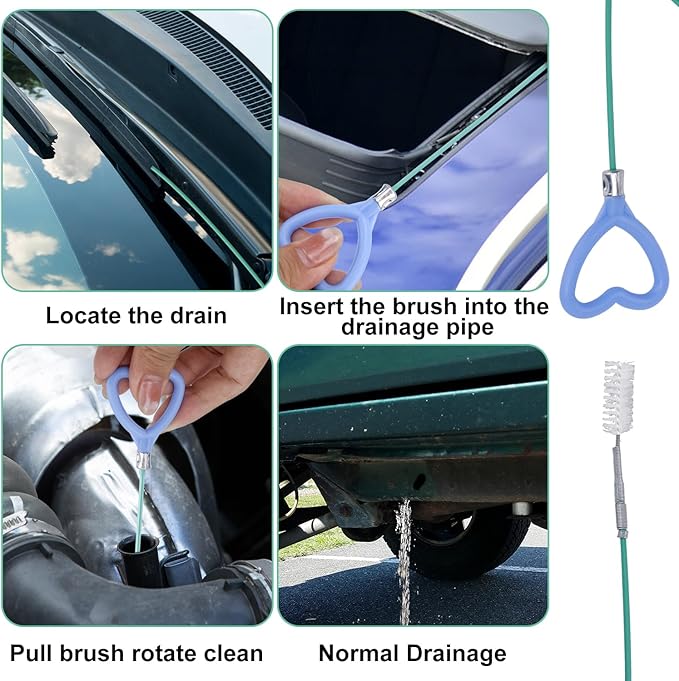 Sunroof Drain Cleaning Tool, 118in Long Wire Pipe Cleaner with 2 Straight Flexible Cleaning Brushes Heart Handle Design Drain Snake Unclogger Hole Cleaner for Auto Car Sunroof Wiper
