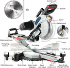 Double Bevel Compound Sliding Miter Saw, Double-Bevel Corded Miter Saw with Laser Guide & 15-Amp Heavy-Duty Motor, Sliding Miter Saw with TCT Saw Blade for Woodworking (12")