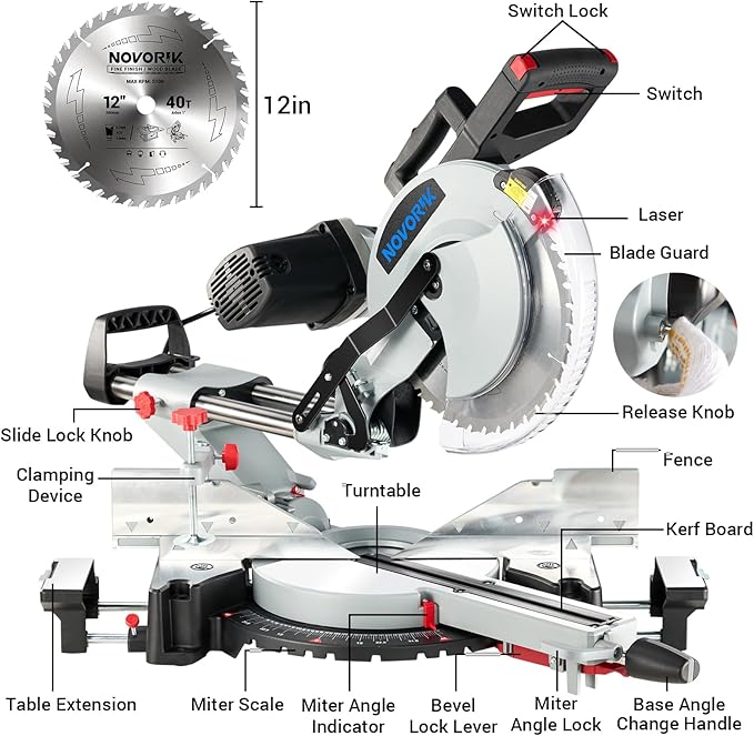 Double Bevel Compound Sliding Miter Saw, Double-Bevel Corded Miter Saw with Laser Guide & 15-Amp Heavy-Duty Motor, Sliding Miter Saw with TCT Saw Blade for Woodworking (12")