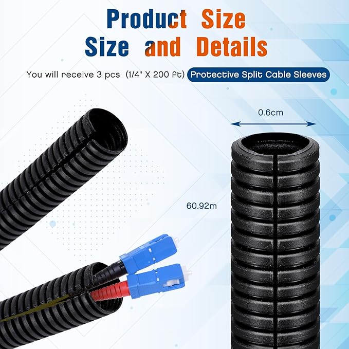 Sasylvia 1/4'' X 200 ft Split Wire Loom Cord Protector Tubing Split Conduit Protector Tubing Convoluted Tube Flexible Electrical Wire Cover Protective Sleeves (Black)