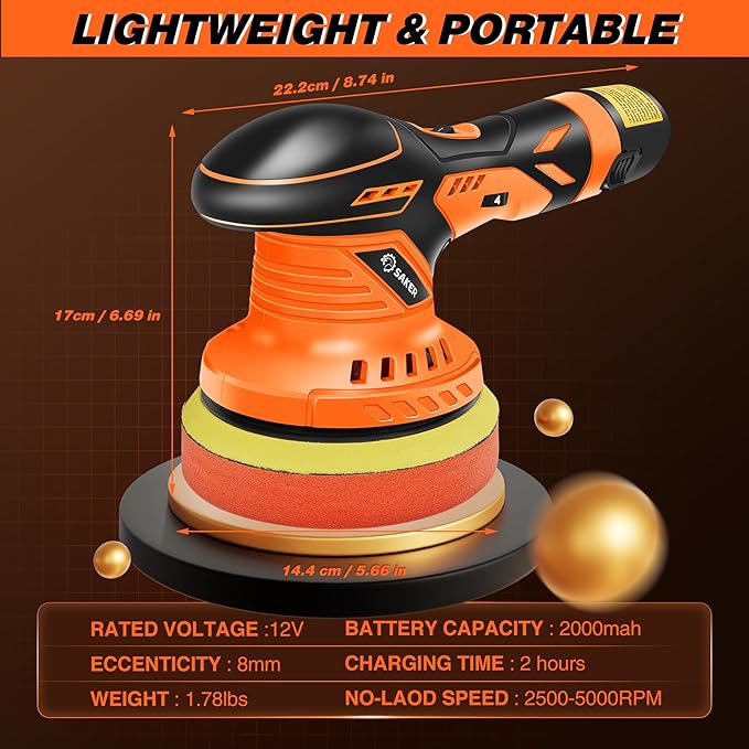 Saker Cordless Buffer Polisher, 6 Inch Fast Charging Portable Car Polishing Kit with 12V 2000mAh Battery, Polisher for Car Detailing Polishing Waxing