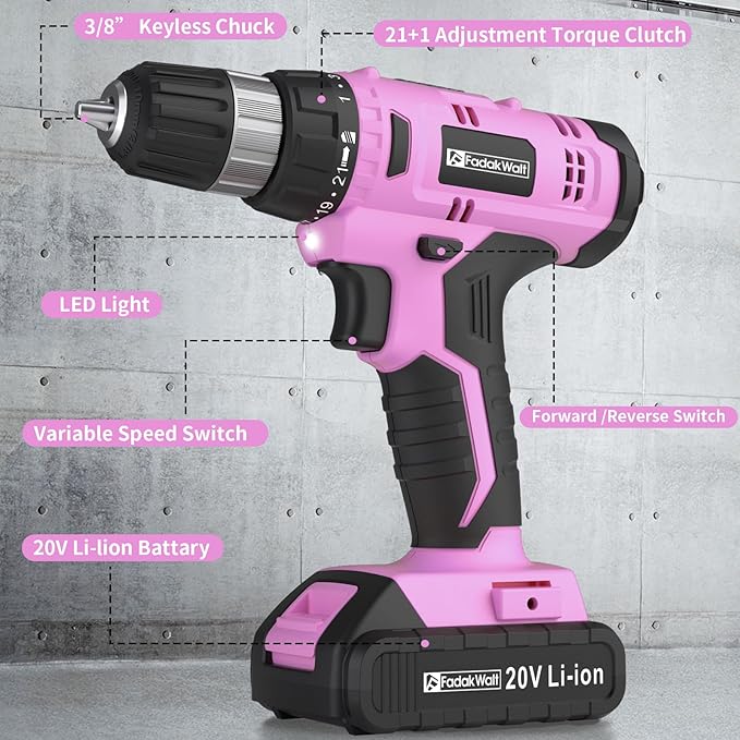 Cordless Drill Set, 20V Electric Power Drill With Battery And Charger, 30N Torque, 21+1 Settings, 3/8-Inch Keyless Chuck, Driver Bits Kit, LED Light (Pink)