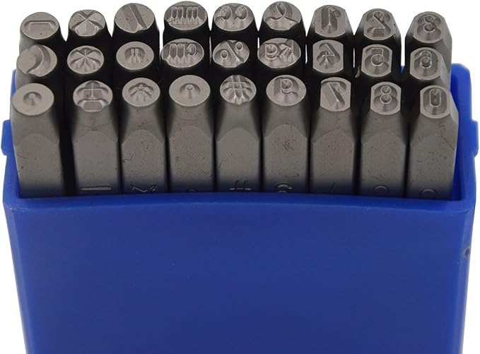 WKSTOOL 27Pcs 5/32 4mm Heavy Duty Carbon Steel Numbers Symbols Character Steel Mark Code Hand Stamp Punch for Stamping Jewelry Sheet Crypto Metal Plate Mold Die Making