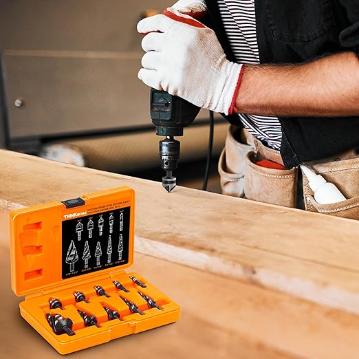 THINKWORK 5 Pcs Four Spiral Flute Step Drill Bit Set & 5 Pcs Countersink Drill Bits with Tool Box, Nitriding HSS Drill Bits for Metal, Aluminum, Wood, Plastic