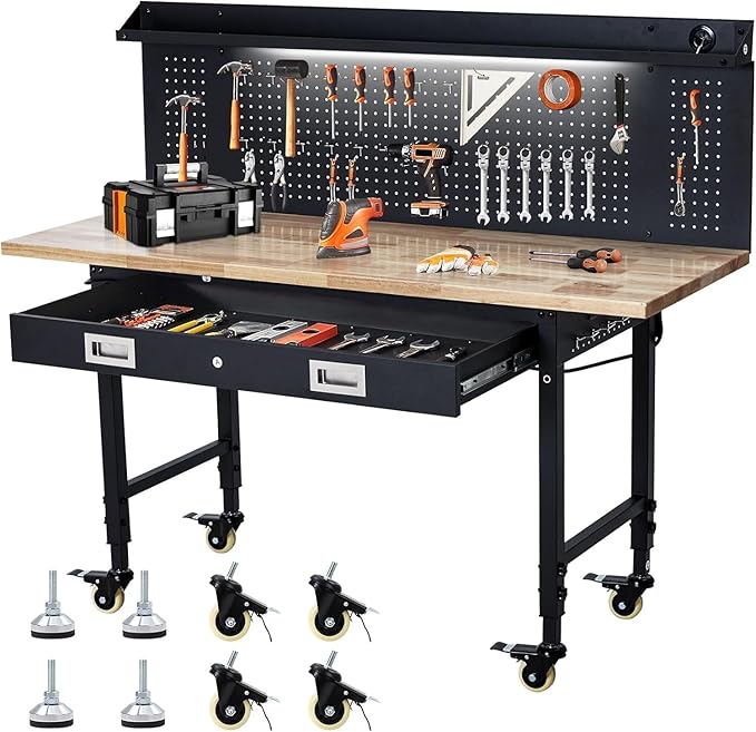60-Inch Garage Workbench with Wheels, Adjustable Rubber Wood Top Garage Workbench with Pegboard/Drawer/Power Outlet, 2000 lbs Load Capacity, for Workshop, Woodworking, Office, Home.