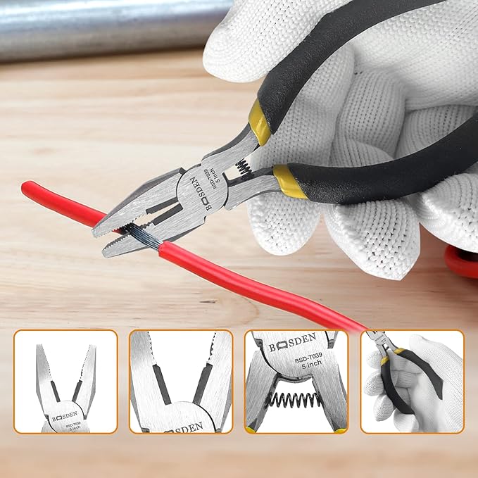 BOOSDEN 5-Piece Pliers Set Including 25mm Rubber mallet, 5" Wire Cutters, 5" Needle Nose Pliers, 5" Diagonal Cutters, 5" Linemans Pliers for DIY & Home Use