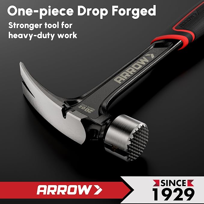 ARROW 20 oz Straight Claw Hammer with Magnetic Nail Holder, Side Nail Puller, Rip Claw Hammer with Milled Face & Shock Absorbing Grip, Heavy Duty One-piece Forged Hammer