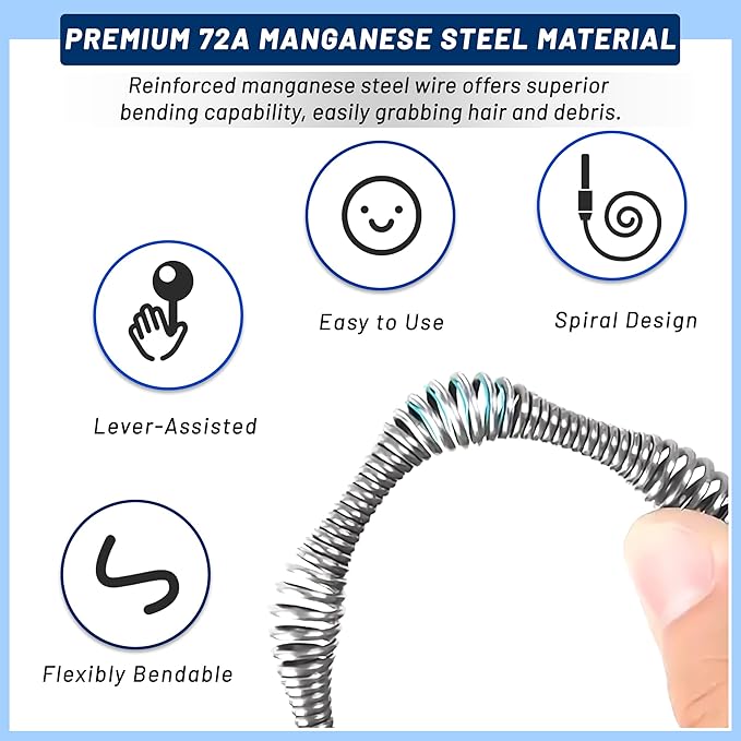 Snake Drain Hair Removal Tool - 23FT Reusable 72A Carbon Steel Drain Snake Hair Drain Clog Remover with Drill Adapter for Kitchen, Bathroom, Shower Sink - Removes Hair, Pet Fur, Leaves, Toilet Paper