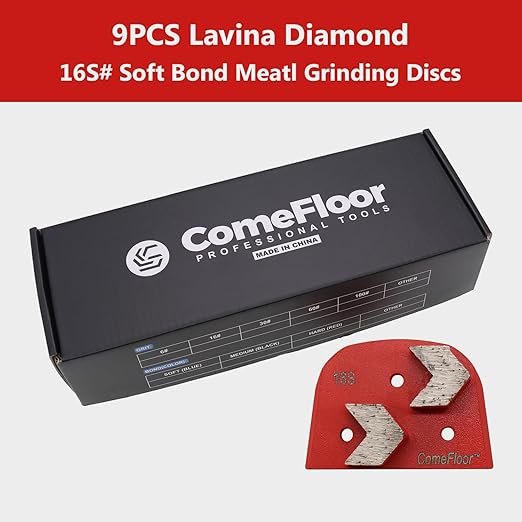 Concrete Floor Grinding Discs, Diamond Metal Grinding Tooling for Lavina Grinders, Concrete Preparation & Thin Epoxy Remove, Double Arrow Segments 16 Grit Soft Bond, Pack of 9