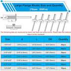smseace 800pcs Pop Rivets with Large Flange Rivets Assortment Kit 7-Sizes Rivets with Large Head(1/8" 3/16" 1/4") 8-Sizes Small Rivets (3/32" 1/8" 5/32" 3/16") Aluminum Pop Rivets Assortment kit