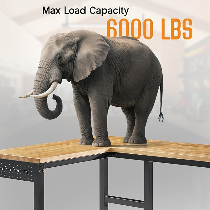 SPECRAFT 68"x48" L-Shaped Workbench with Power Strip, Adjustable Height Heavy Duty Work Table with Pegboard, 6000LBS Load Capacity, Industrial Wood Top Workstation for Garage, Workshop, Home Office