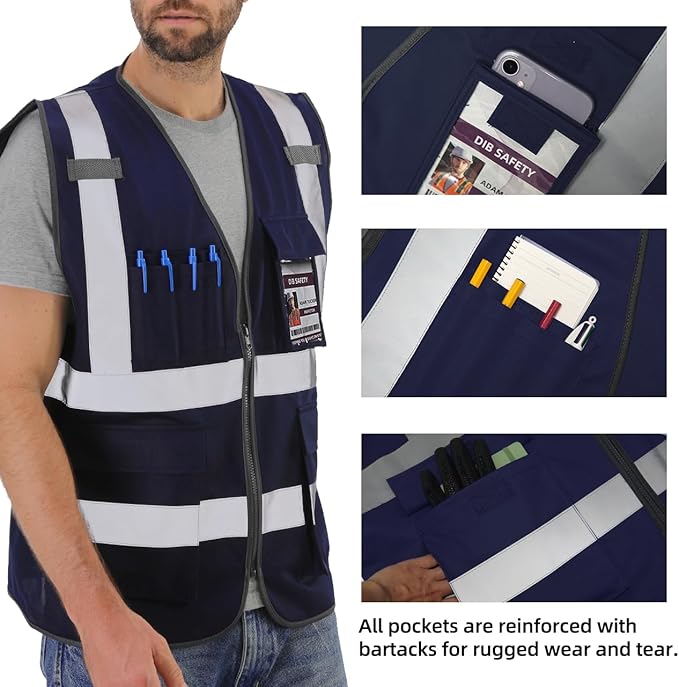 Dib Safety Reflective Vest High Visibility with Pockets and Zipper, Navy S