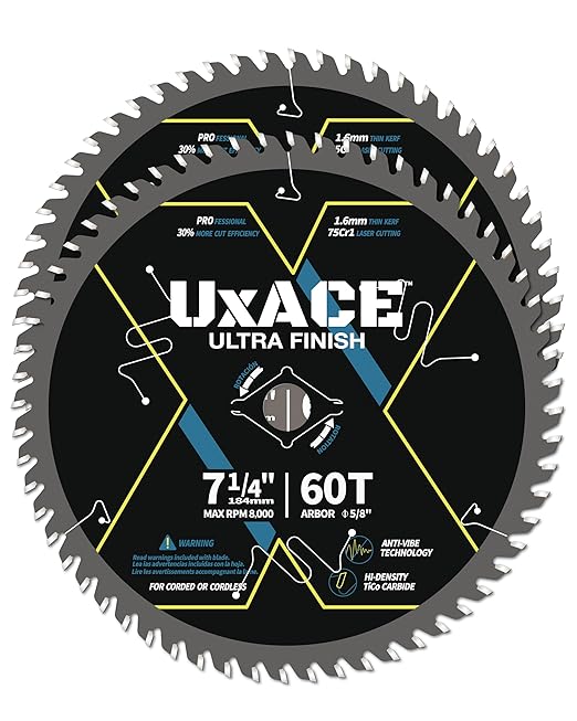 7-1/4-Inch 60-Tooth Circular Saw Blade with 5/8-Inch Arbor, Ultra Finish Wood Cutting, Carbide Tip, Thin Kerf, for Plywood, MDF, OSB, Laminated, 2 Pack