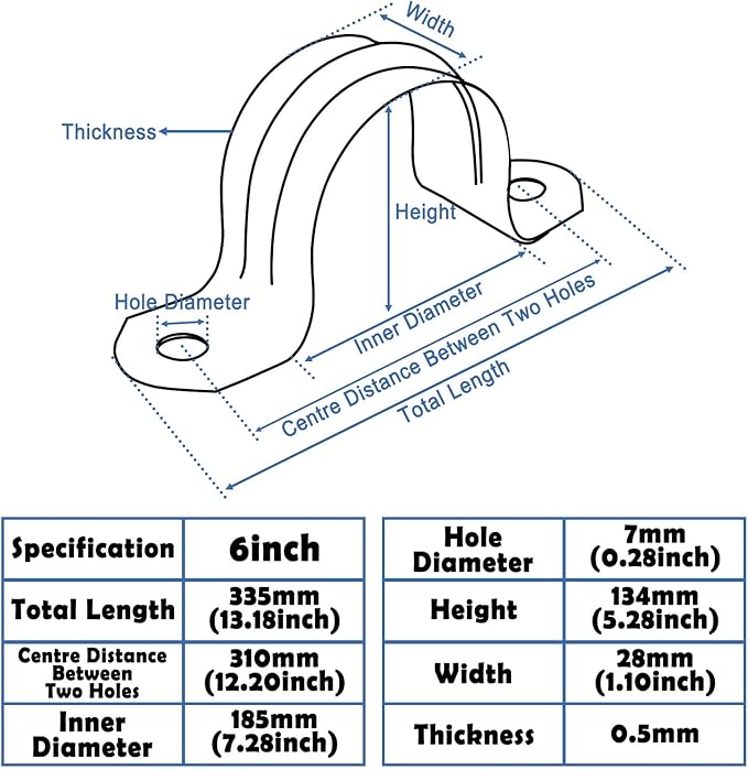 NGe 6Inch Rigid Pipe Strap Clamp U Bracket Tube Strap Tension Clips Two Holes Tube Straps Stainless Steel Silver,for Pipe Fixing(3Pcs)