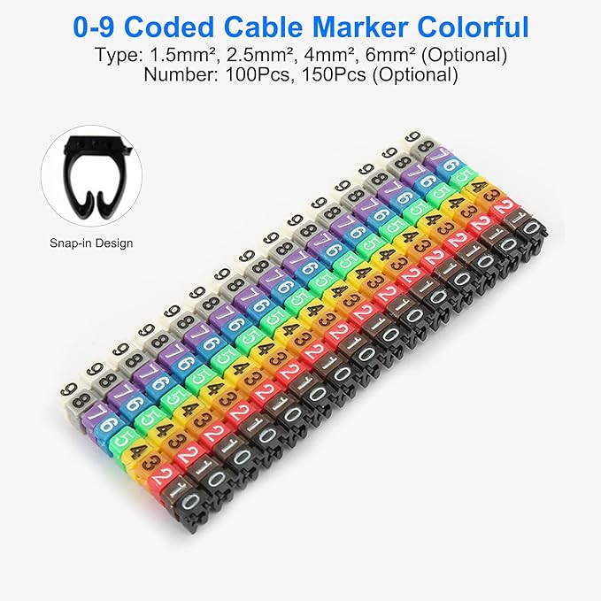 Digital Number Tube Wire Label Cable Marker Colorful Straps Coded Clip Plastic Cable 100PCS -6MM 6square Microcomputer Device