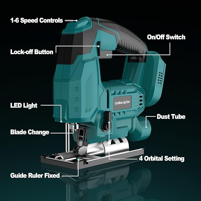 Cordless Jig Saw with Battery & Charger, Jigsaw Tool for Makita 18V Battery, with LED Light, Varible Speed, Bevel Angle (0°-45°), 3-Position Orbital Jig Saw for Wood PVC Metal Cutting